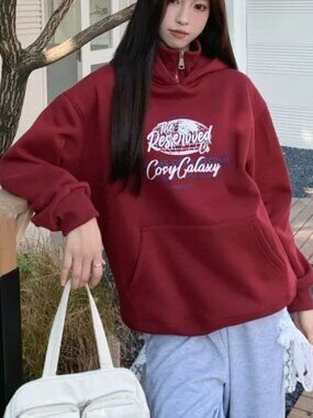 Burgundy Thick Fleece Hoodie High Neck Oversized Pullover